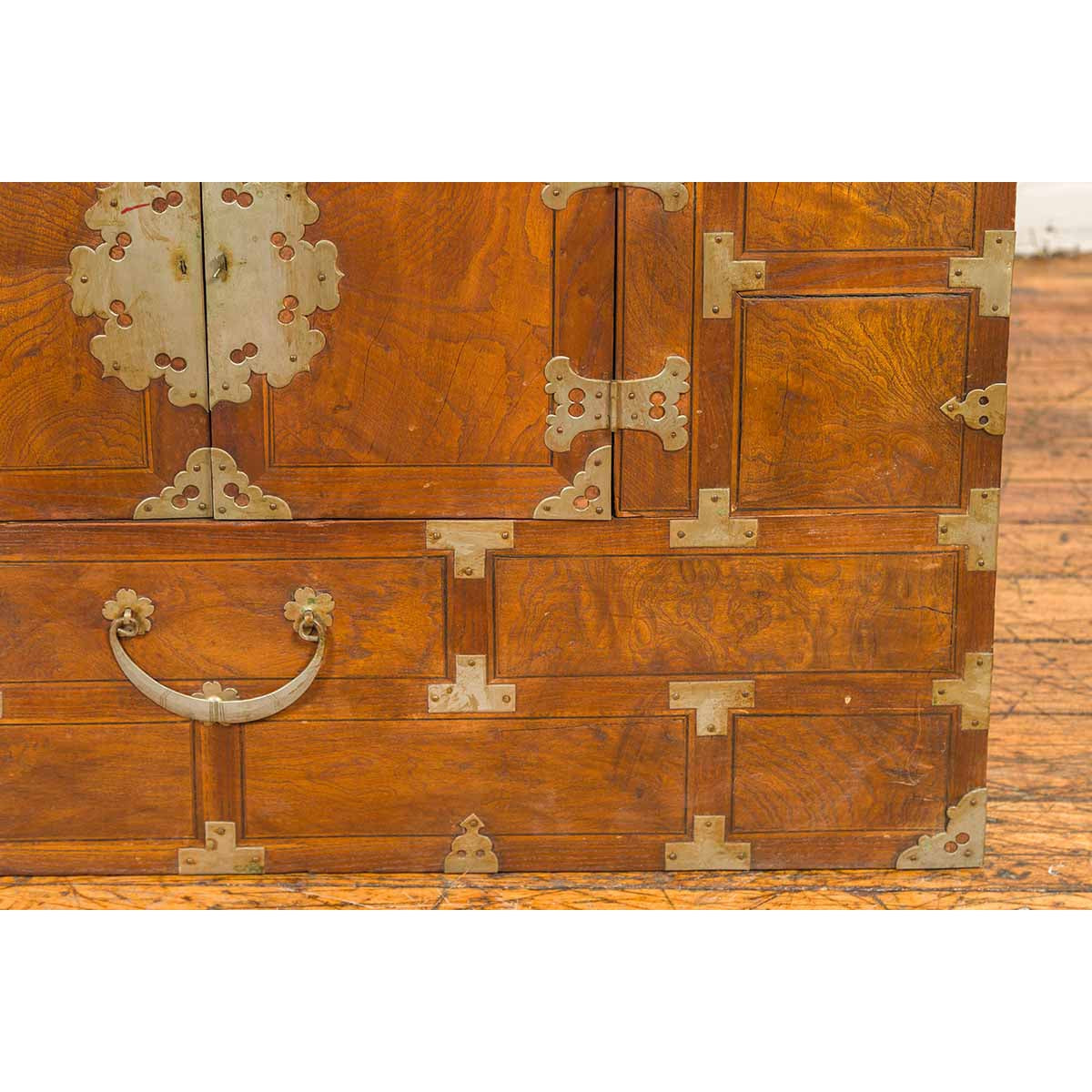 Korean Side Cabinet with Geometric Façade, Brass Hardware and Double Doors-9. Asian & Chinese Furniture, Art, Antiques, Vintage Home Décor for sale at FEA Home