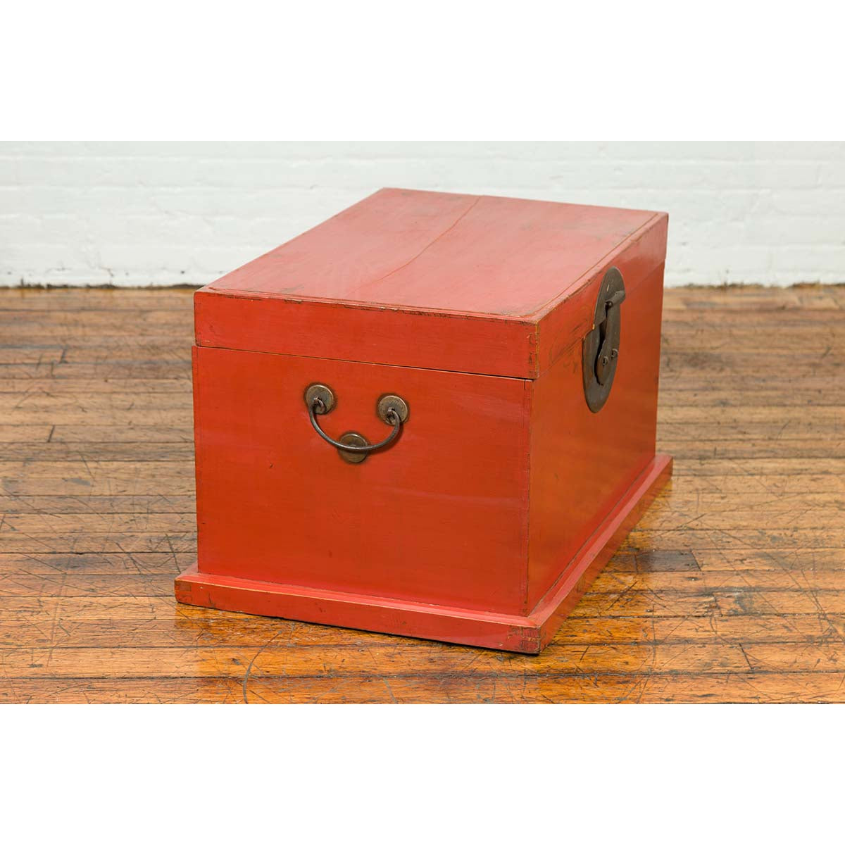 Chinese 19th Century Qing Dynasty Red Lacquered Blanket Chest with Iron Hardware-10. Asian & Chinese Furniture, Art, Antiques, Vintage Home Décor for sale at FEA Home