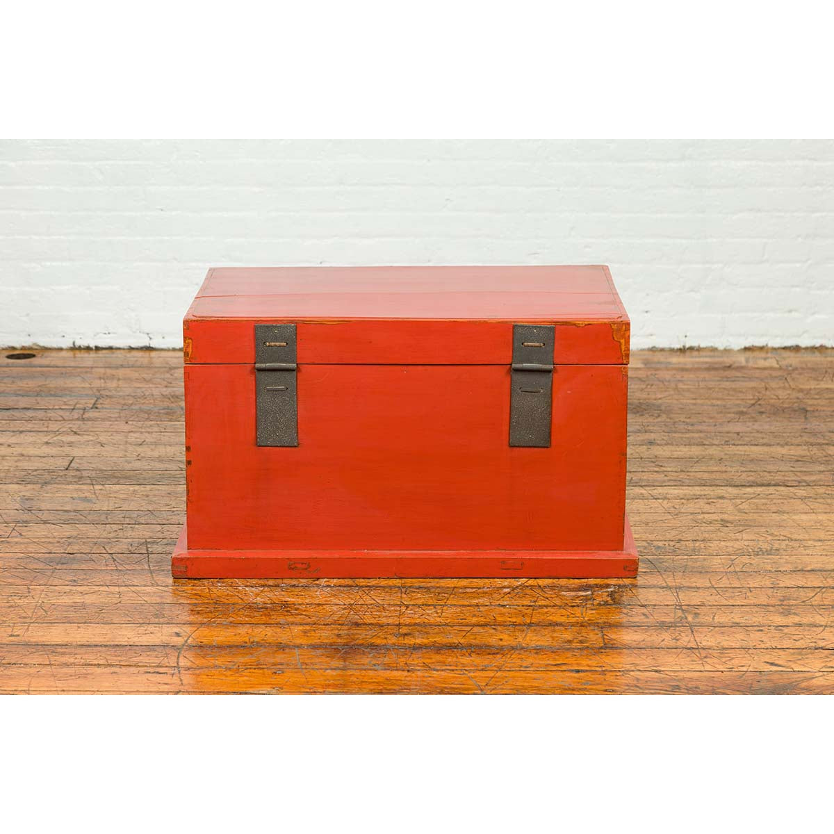 Chinese 19th Century Qing Dynasty Red Lacquered Blanket Chest with Iron Hardware-12. Asian & Chinese Furniture, Art, Antiques, Vintage Home Décor for sale at FEA Home