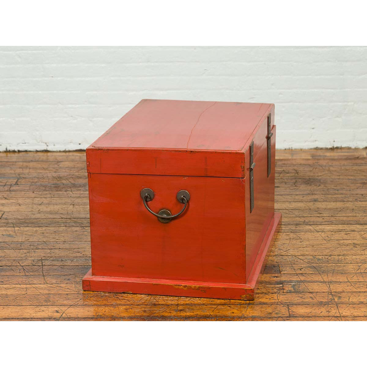 Chinese 19th Century Qing Dynasty Red Lacquered Blanket Chest with Iron Hardware-13. Asian & Chinese Furniture, Art, Antiques, Vintage Home Décor for sale at FEA Home
