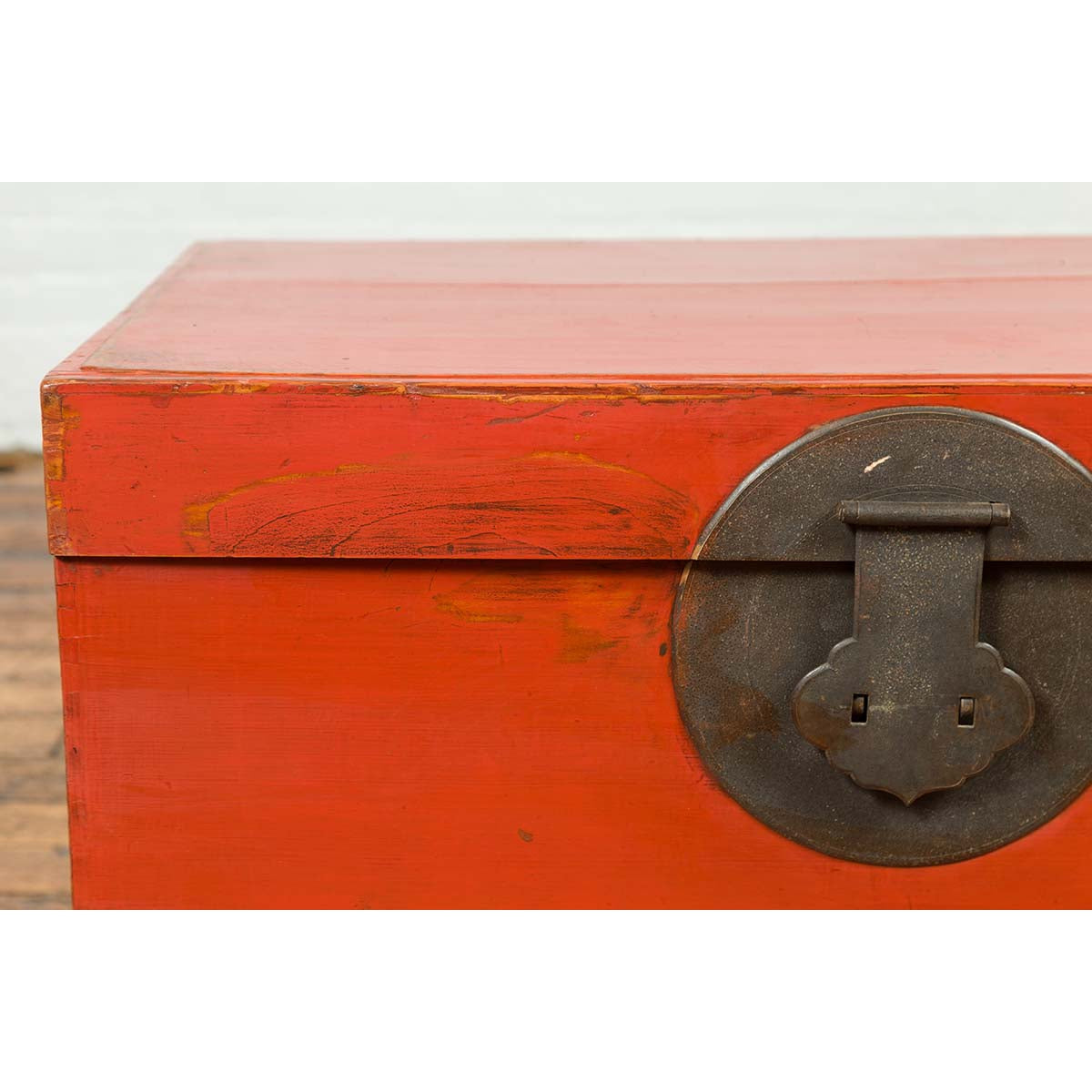 Chinese 19th Century Qing Dynasty Red Lacquered Blanket Chest with Iron Hardware-5. Asian & Chinese Furniture, Art, Antiques, Vintage Home Décor for sale at FEA Home