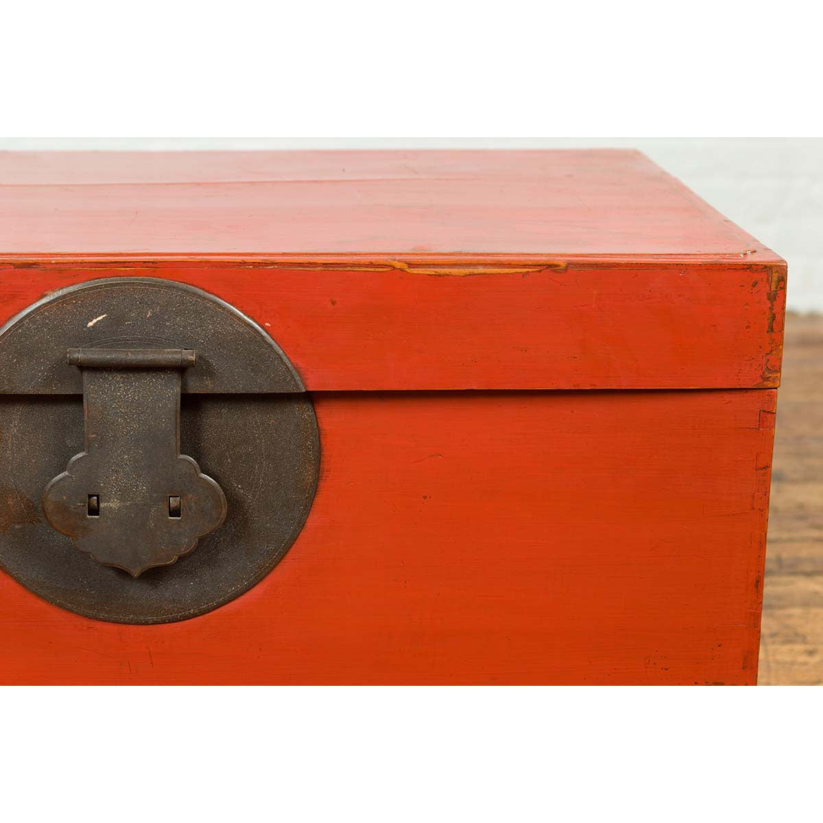 Chinese 19th Century Qing Dynasty Red Lacquered Blanket Chest with Iron Hardware-6. Asian & Chinese Furniture, Art, Antiques, Vintage Home Décor for sale at FEA Home