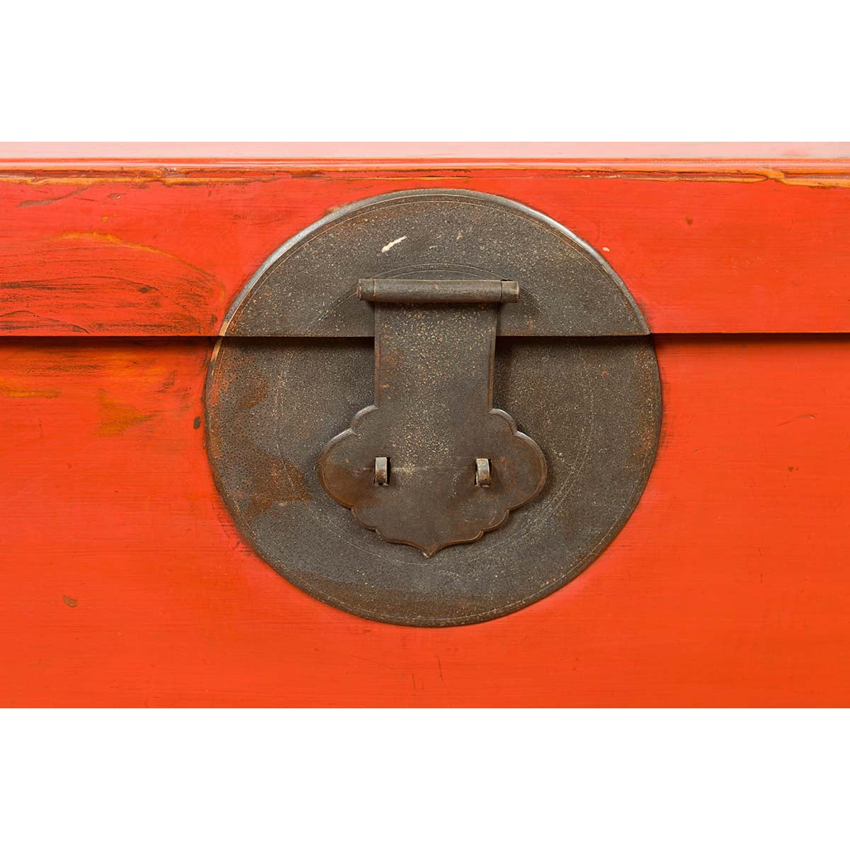 Chinese 19th Century Qing Dynasty Red Lacquered Blanket Chest with Iron Hardware-9. Asian & Chinese Furniture, Art, Antiques, Vintage Home Décor for sale at FEA Home