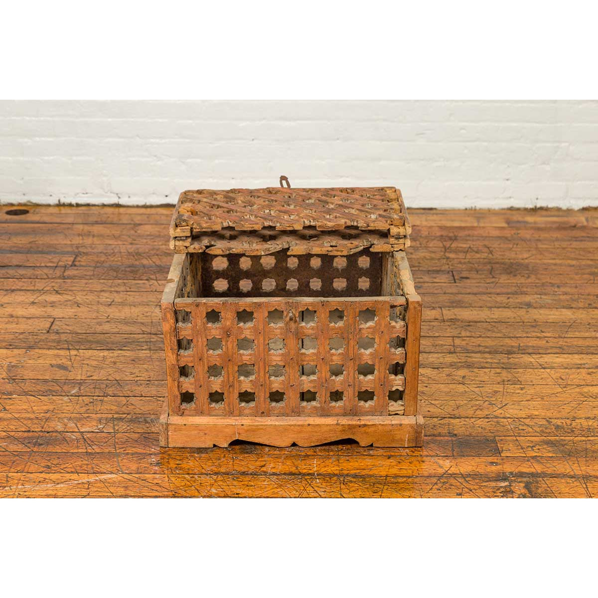 Rustic Indian Antique Food Box with Pierced Star Motifs and Bracketed Plinth-13. Asian & Chinese Furniture, Art, Antiques, Vintage Home Décor for sale at FEA Home