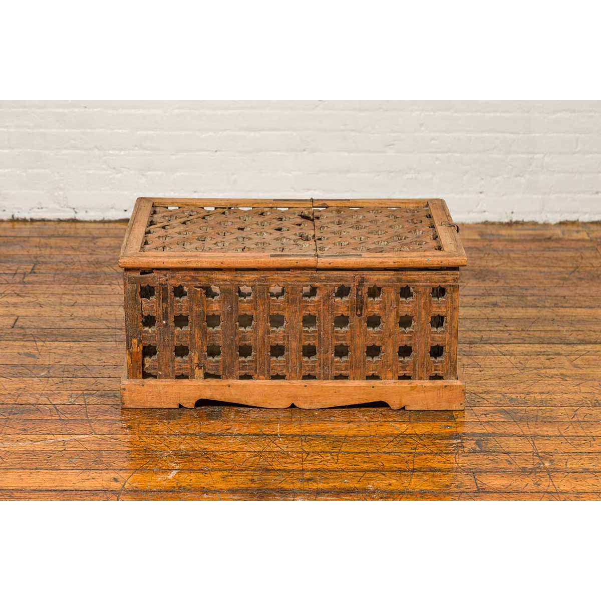 Rustic Indian Antique Food Box with Pierced Star Motifs and Bracketed Plinth-4. Asian & Chinese Furniture, Art, Antiques, Vintage Home Décor for sale at FEA Home