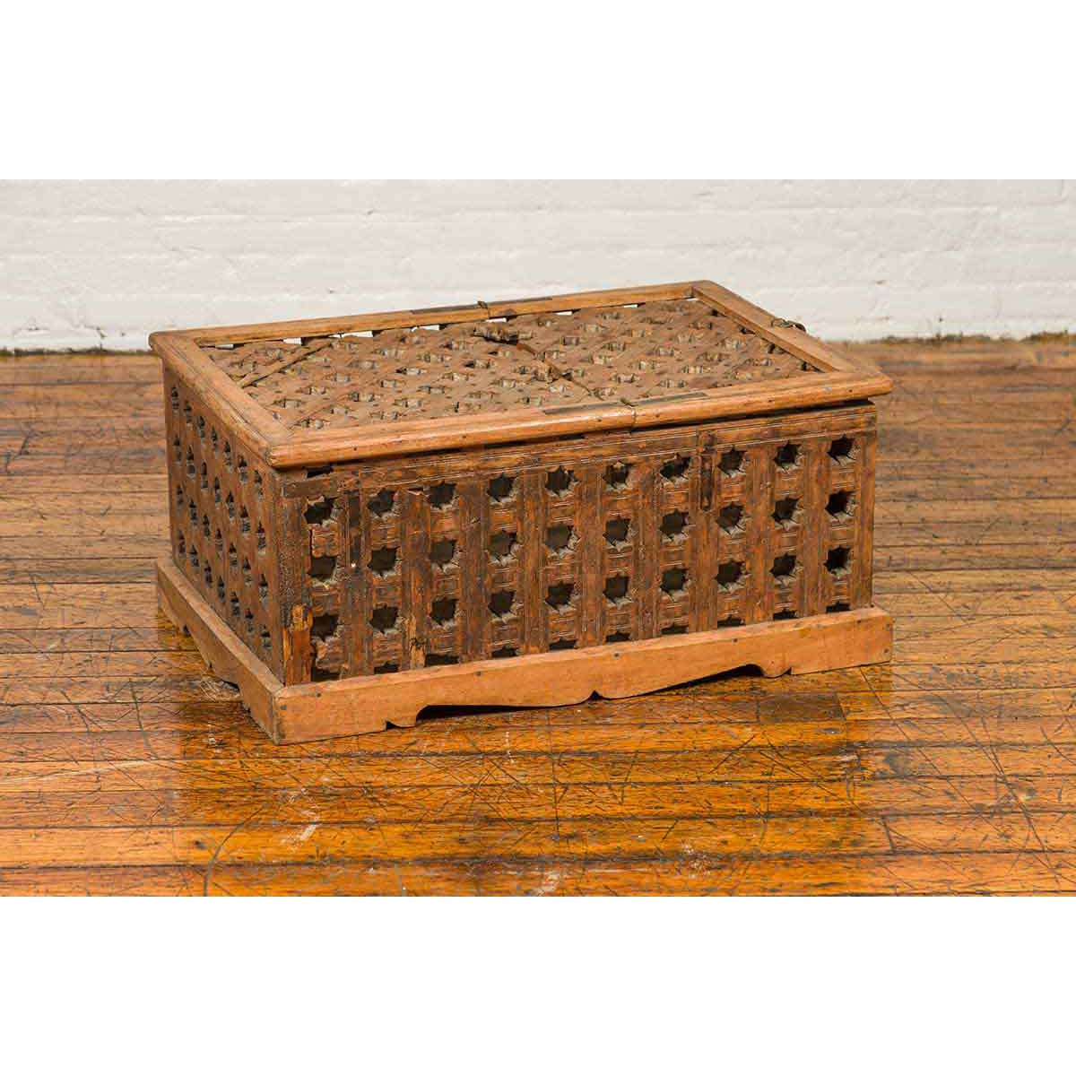 Rustic Indian Antique Food Box with Pierced Star Motifs and Bracketed Plinth-12. Asian & Chinese Furniture, Art, Antiques, Vintage Home Décor for sale at FEA Home