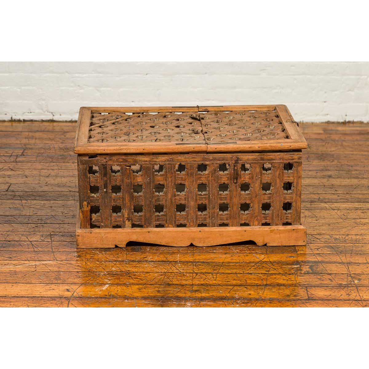 Rustic Indian Antique Food Box with Pierced Star Motifs and Bracketed Plinth-3. Asian & Chinese Furniture, Art, Antiques, Vintage Home Décor for sale at FEA Home