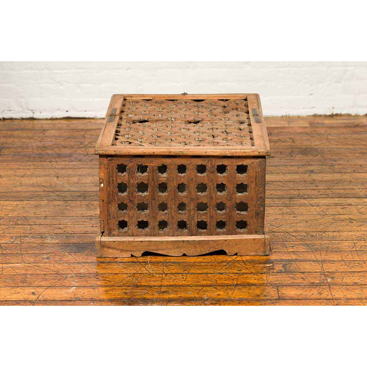 Rustic Indian Antique Food Box with Pierced Star Motifs and Bracketed Plinth-15. Asian & Chinese Furniture, Art, Antiques, Vintage Home Décor for sale at FEA Home