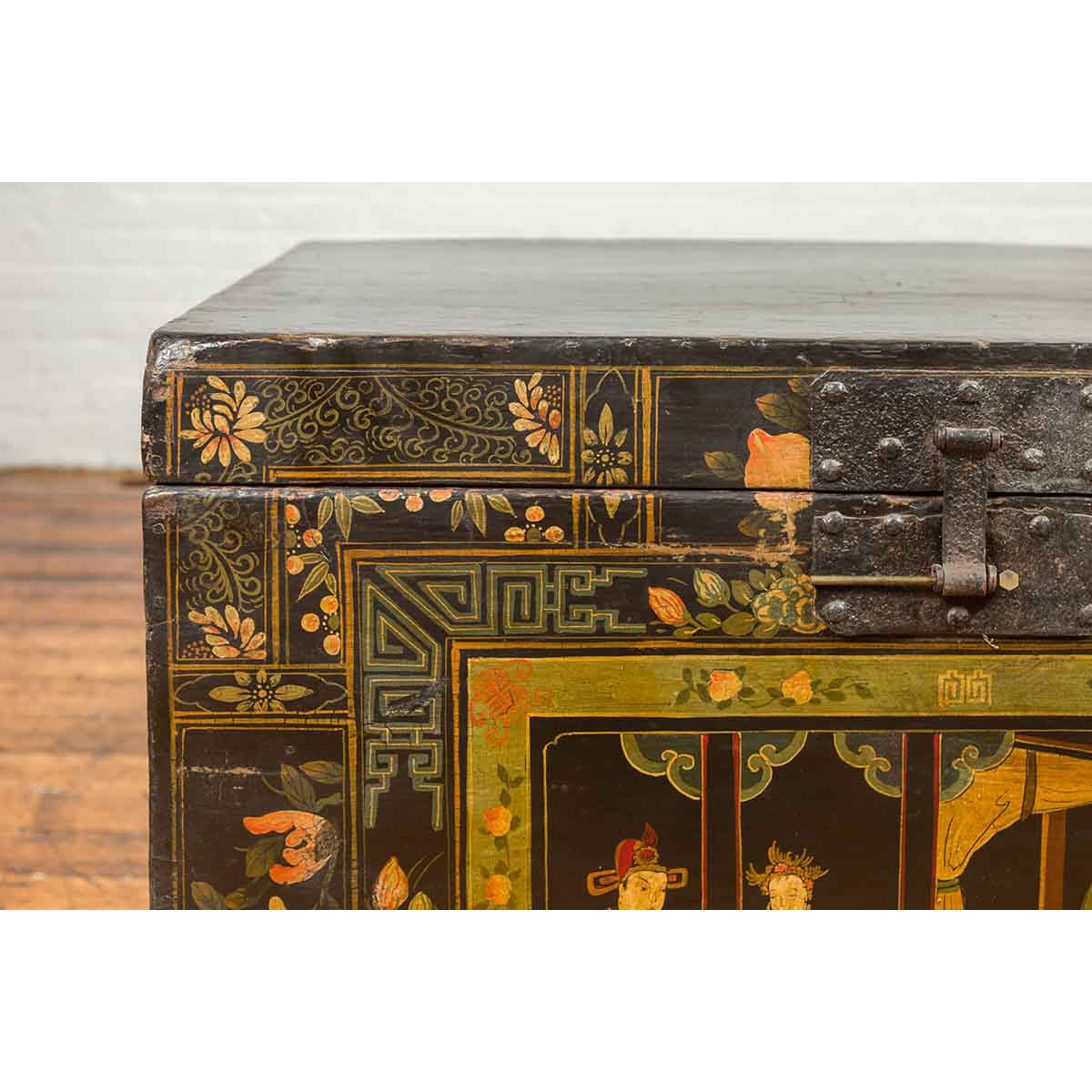 Chinese Antique Black Lacquered Dowry Chest with Polychrome Ceremonial Figures-8. Asian & Chinese Furniture, Art, Antiques, Vintage Home Décor for sale at FEA Home