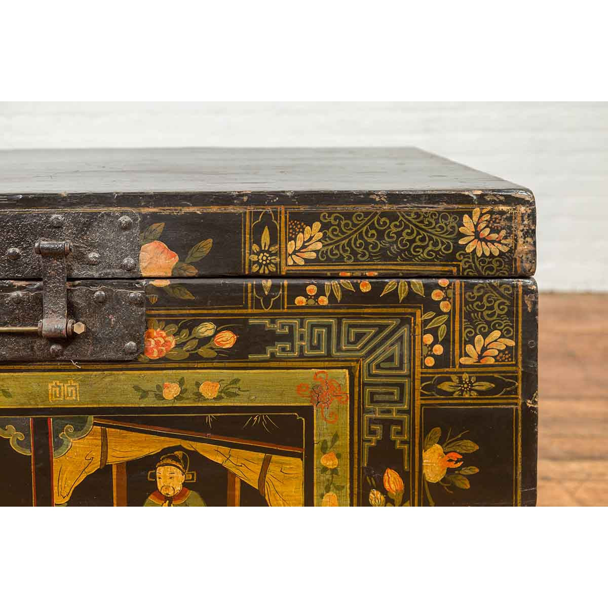 Chinese Antique Black Lacquered Dowry Chest with Polychrome Ceremonial Figures-9. Asian & Chinese Furniture, Art, Antiques, Vintage Home Décor for sale at FEA Home