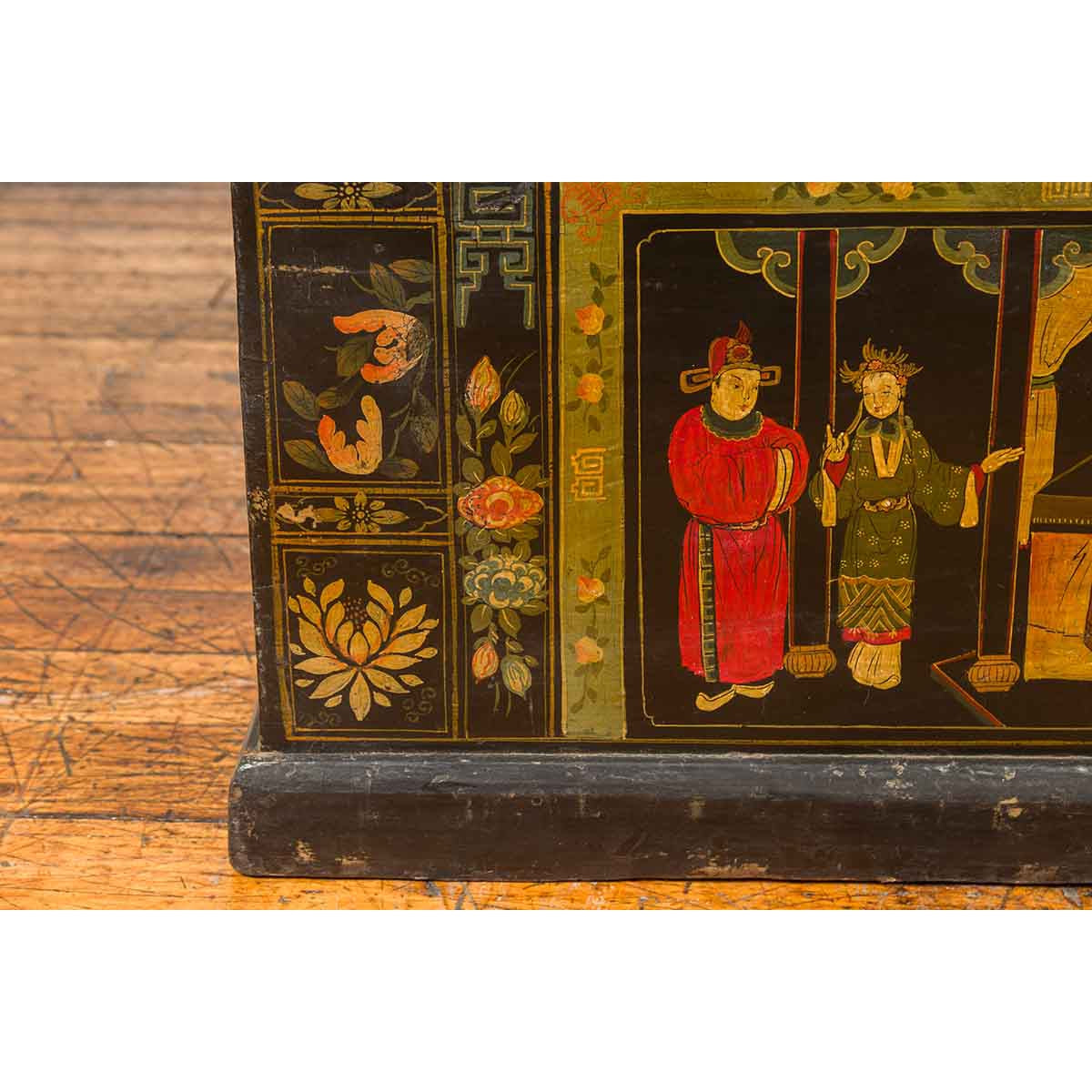 Chinese Antique Black Lacquered Dowry Chest with Polychrome Ceremonial Figures-10. Asian & Chinese Furniture, Art, Antiques, Vintage Home Décor for sale at FEA Home