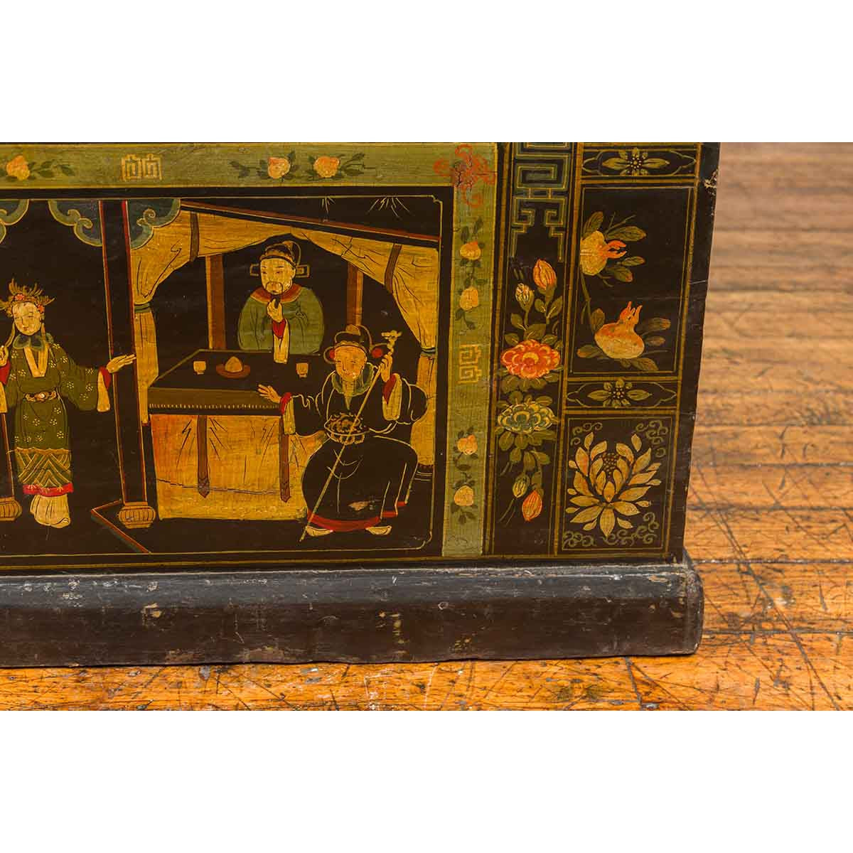 Chinese Antique Black Lacquered Dowry Chest with Polychrome Ceremonial Figures-11. Asian & Chinese Furniture, Art, Antiques, Vintage Home Décor for sale at FEA Home