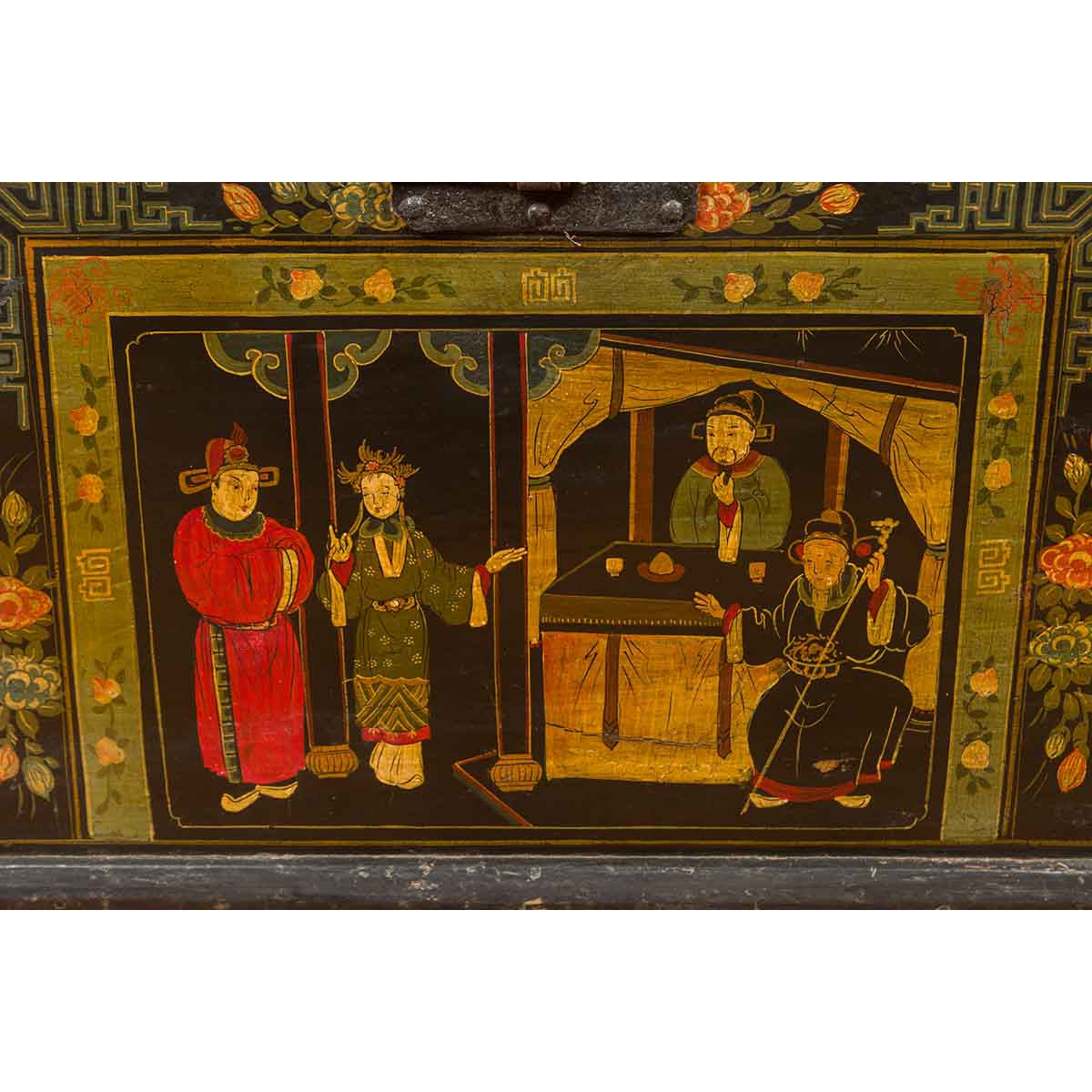 Chinese Antique Black Lacquered Dowry Chest with Polychrome Ceremonial Figures-12. Asian & Chinese Furniture, Art, Antiques, Vintage Home Décor for sale at FEA Home