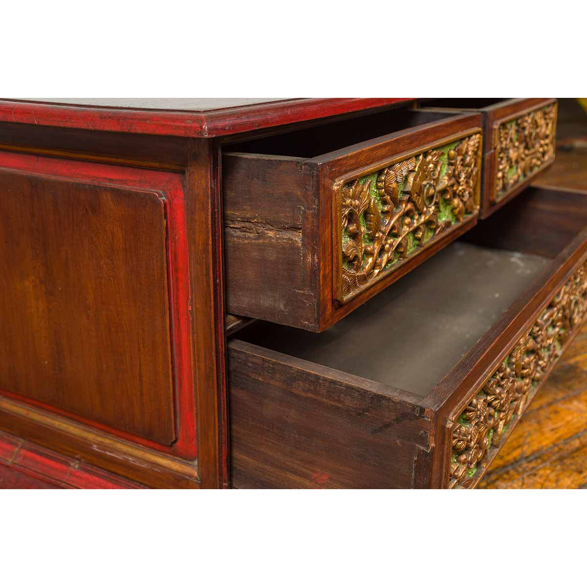 19th Century Madurese Polychrome Three-Drawer Dresser with Carved Floral Motif-5. Asian & Chinese Furniture, Art, Antiques, Vintage Home Décor for sale at FEA Home