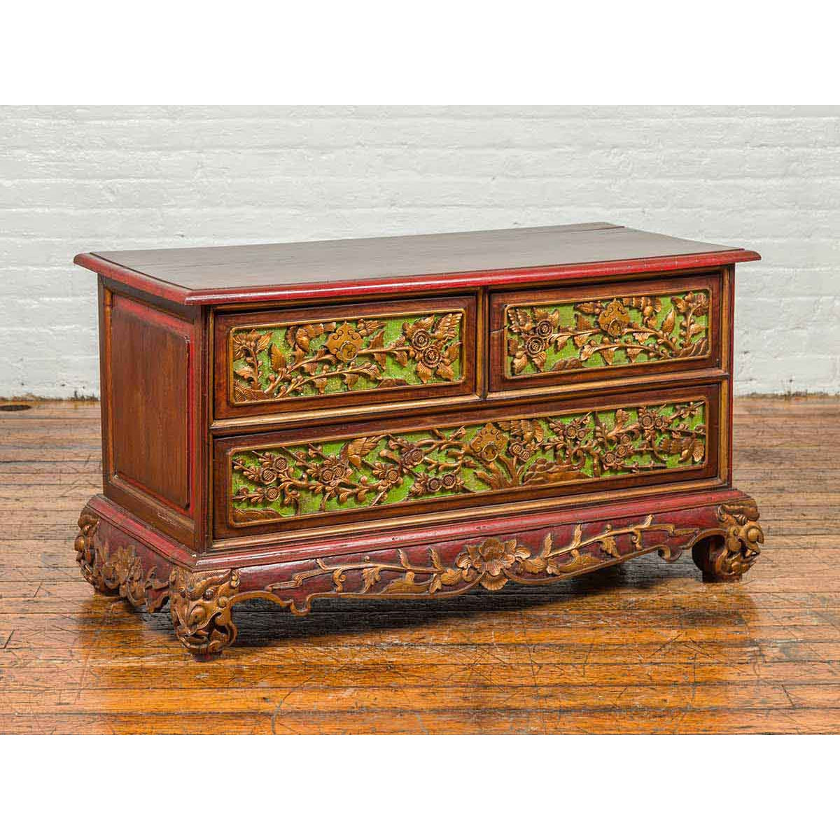 19th Century Madurese Polychrome Three-Drawer Dresser with Carved Floral Motif-6. Asian & Chinese Furniture, Art, Antiques, Vintage Home Décor for sale at FEA Home
