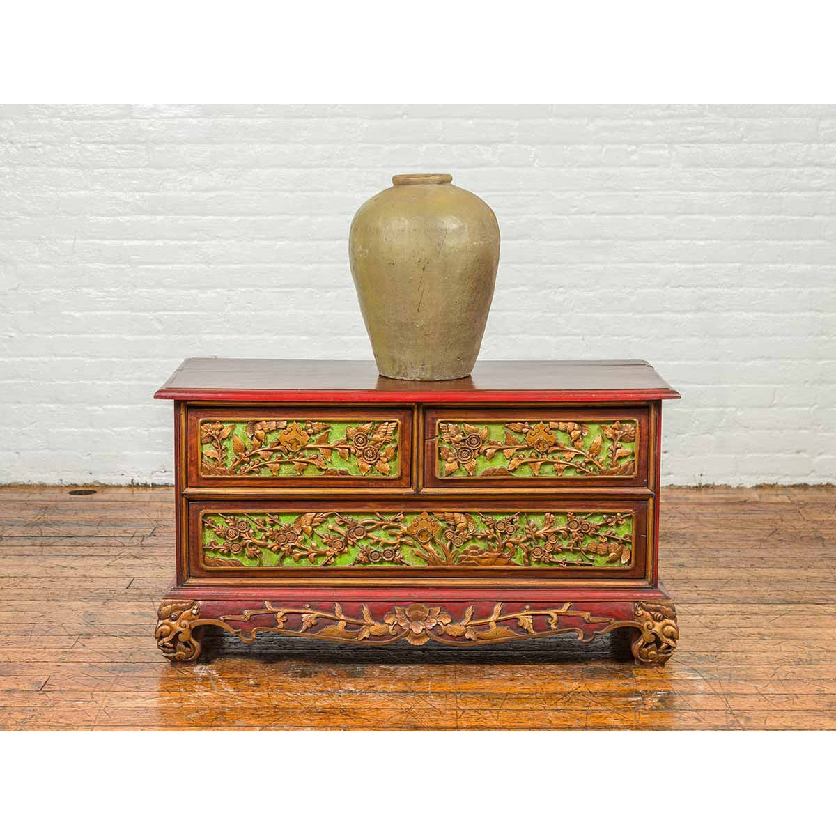 19th Century Madurese Polychrome Three-Drawer Dresser with Carved Floral Motif-3. Asian & Chinese Furniture, Art, Antiques, Vintage Home Décor for sale at FEA Home
