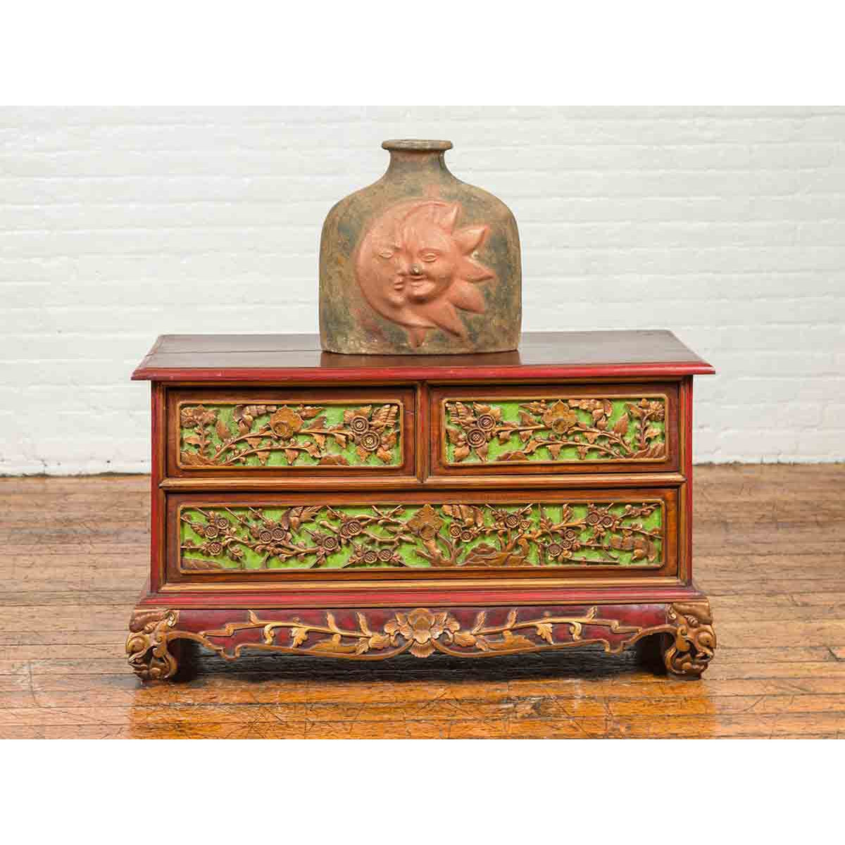 19th Century Madurese Polychrome Three-Drawer Dresser with Carved Floral Motif-3. Asian & Chinese Furniture, Art, Antiques, Vintage Home Décor for sale at FEA Home