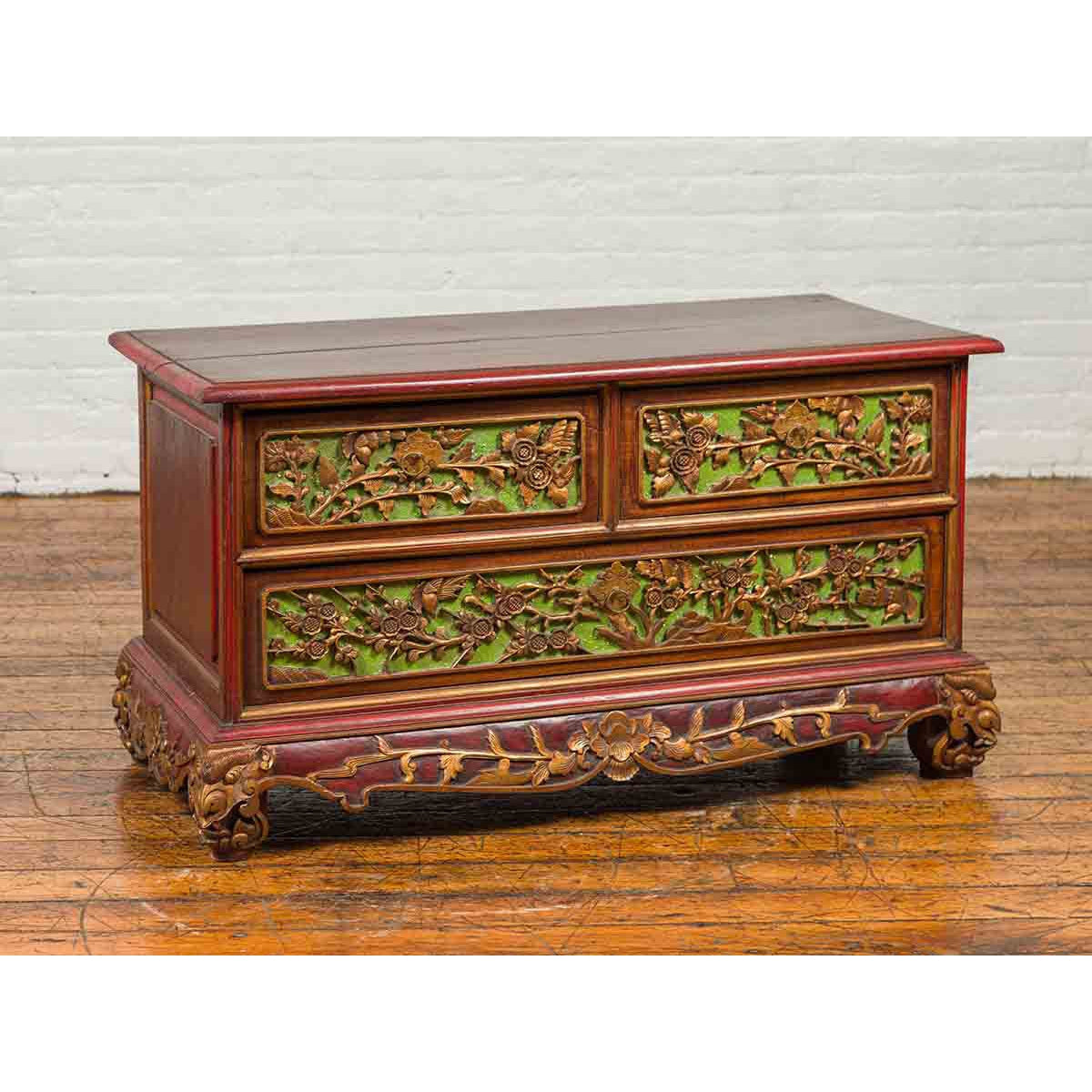 19th Century Madurese Polychrome Three-Drawer Dresser with Carved Floral Motif-6. Asian & Chinese Furniture, Art, Antiques, Vintage Home Décor for sale at FEA Home