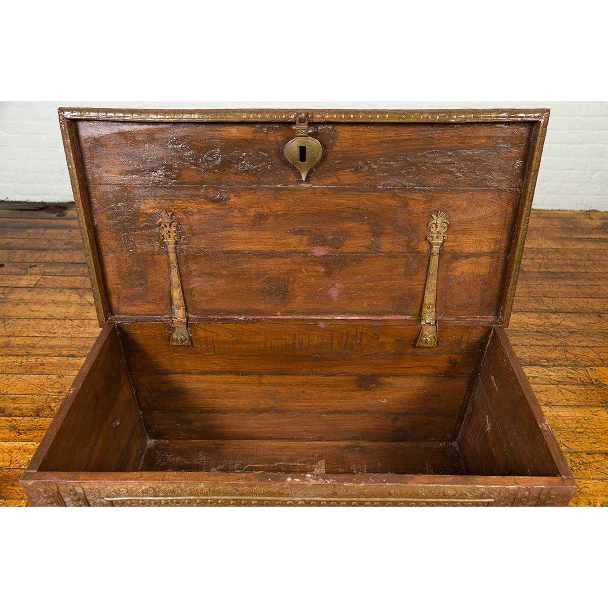 Antique Indian Blanket Chest with Bronze Sheathing, Geometric Patterns and Studs-17. Asian & Chinese Furniture, Art, Antiques, Vintage Home Décor for sale at FEA Home