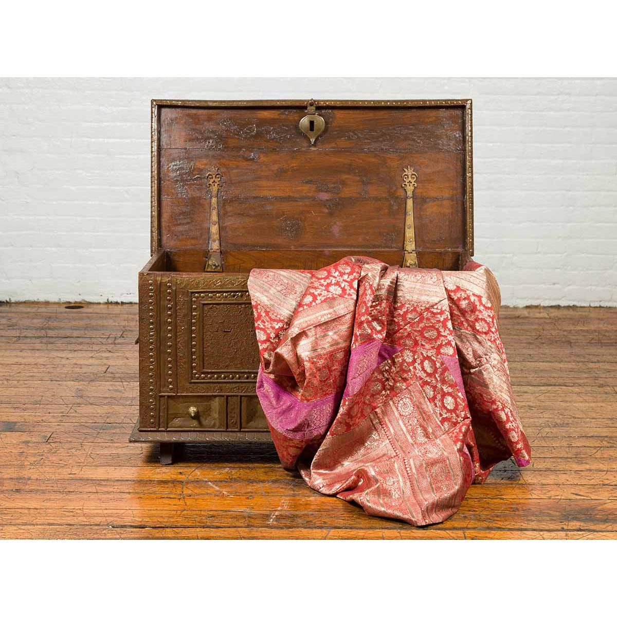 Antique Indian Blanket Chest with Bronze Sheathing, Geometric Patterns and Studs-3. Asian & Chinese Furniture, Art, Antiques, Vintage Home Décor for sale at FEA Home