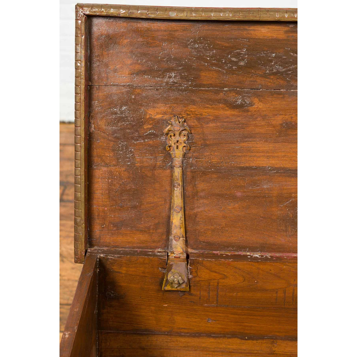 Antique Indian Blanket Chest with Bronze Sheathing, Geometric Patterns and Studs-18. Asian & Chinese Furniture, Art, Antiques, Vintage Home Décor for sale at FEA Home