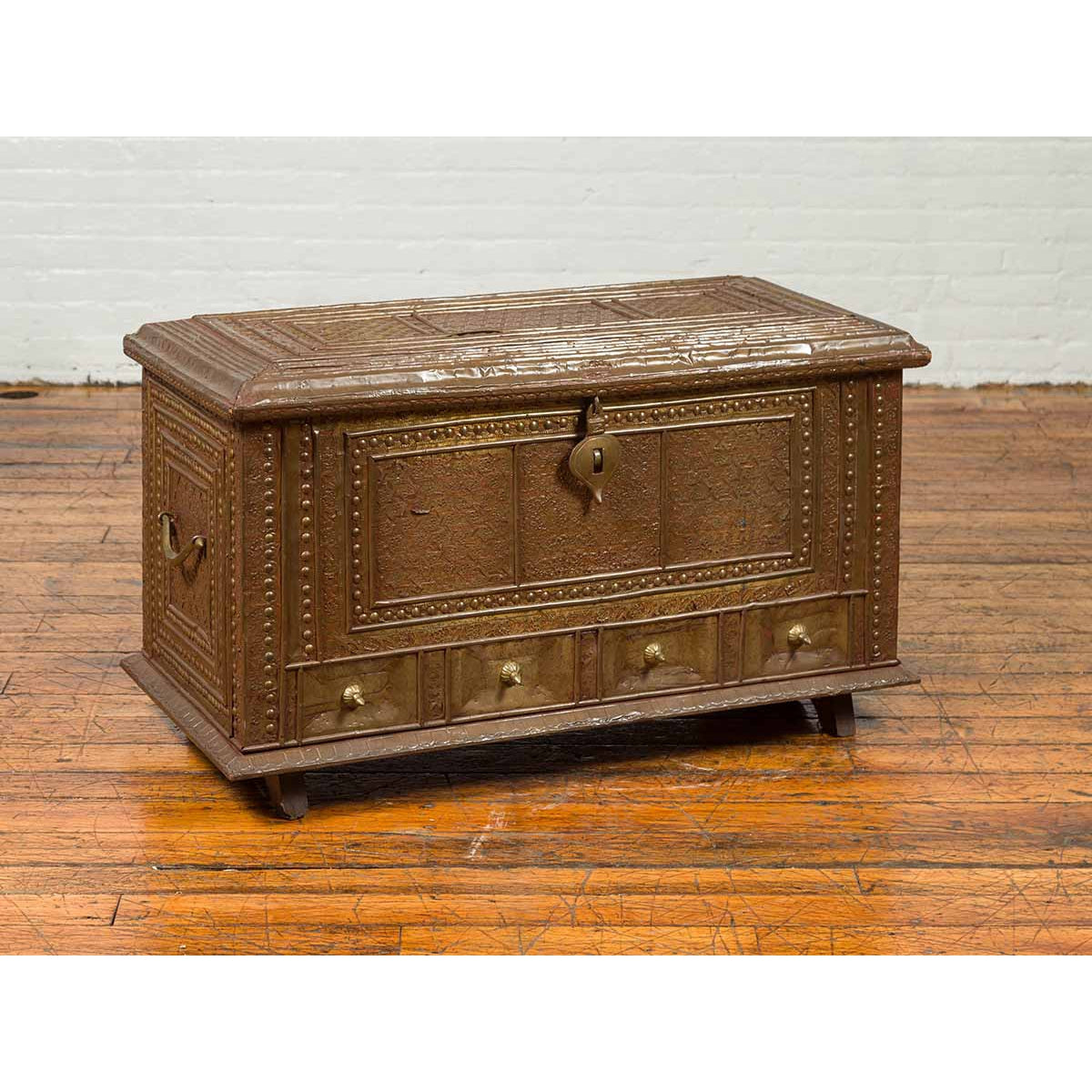 Antique Indian Blanket Chest with Bronze Sheathing, Geometric Patterns and Studs-5. Asian & Chinese Furniture, Art, Antiques, Vintage Home Décor for sale at FEA Home