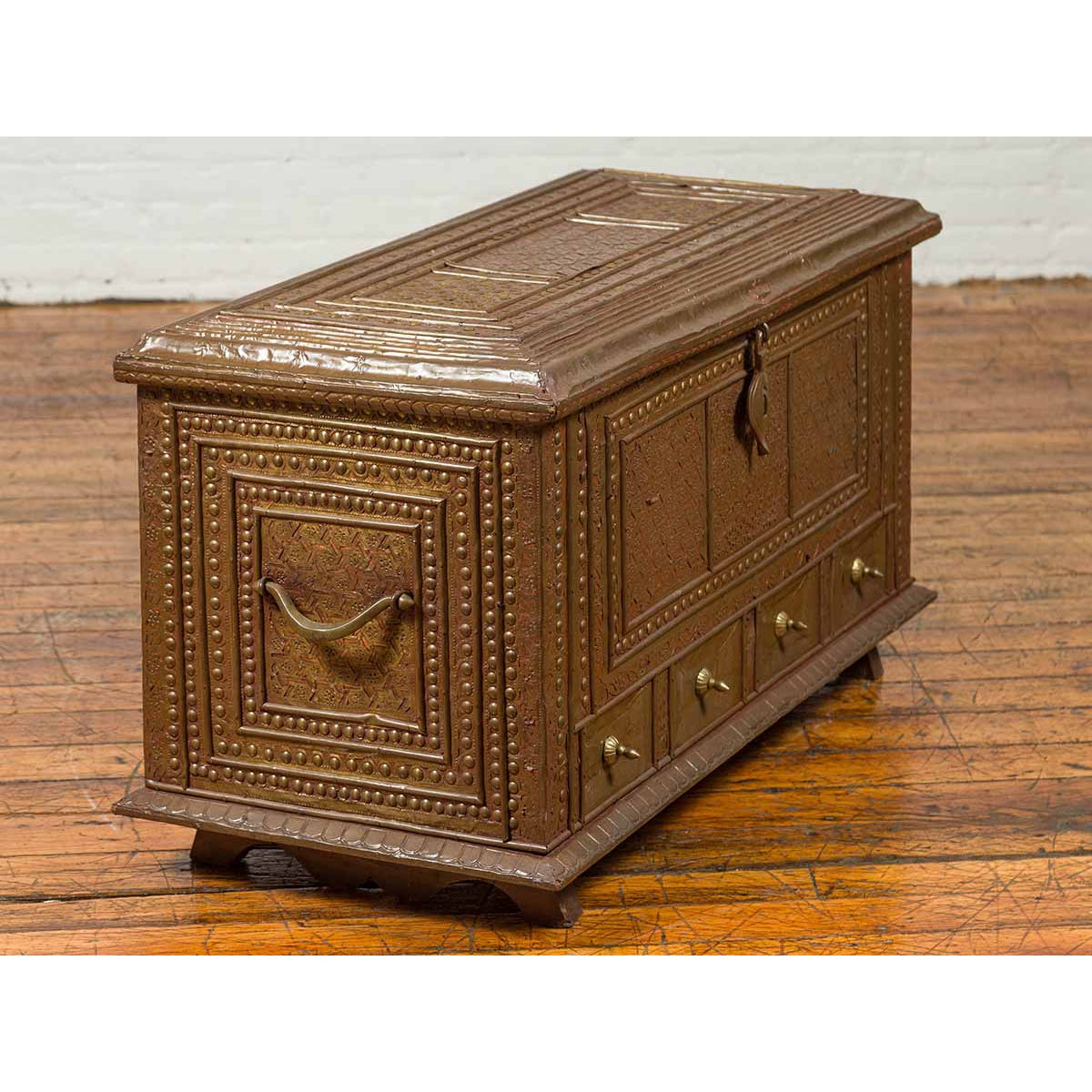 Antique Indian Blanket Chest with Bronze Sheathing, Geometric Patterns and Studs-6. Asian & Chinese Furniture, Art, Antiques, Vintage Home Décor for sale at FEA Home