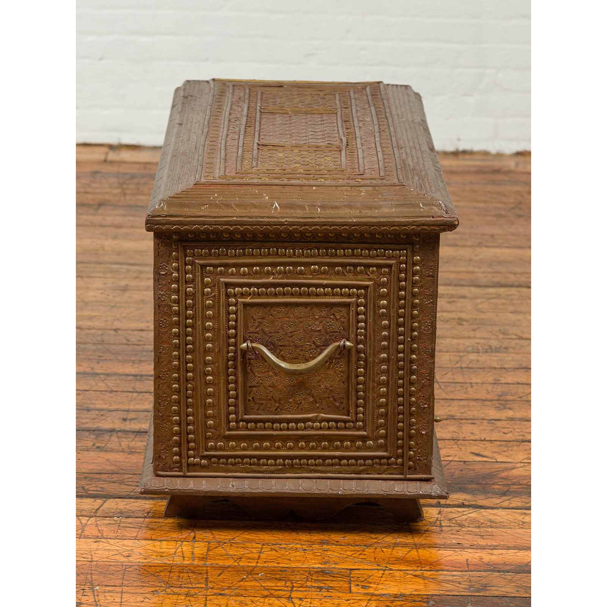 Antique Indian Blanket Chest with Bronze Sheathing, Geometric Patterns and Studs-20. Asian & Chinese Furniture, Art, Antiques, Vintage Home Décor for sale at FEA Home