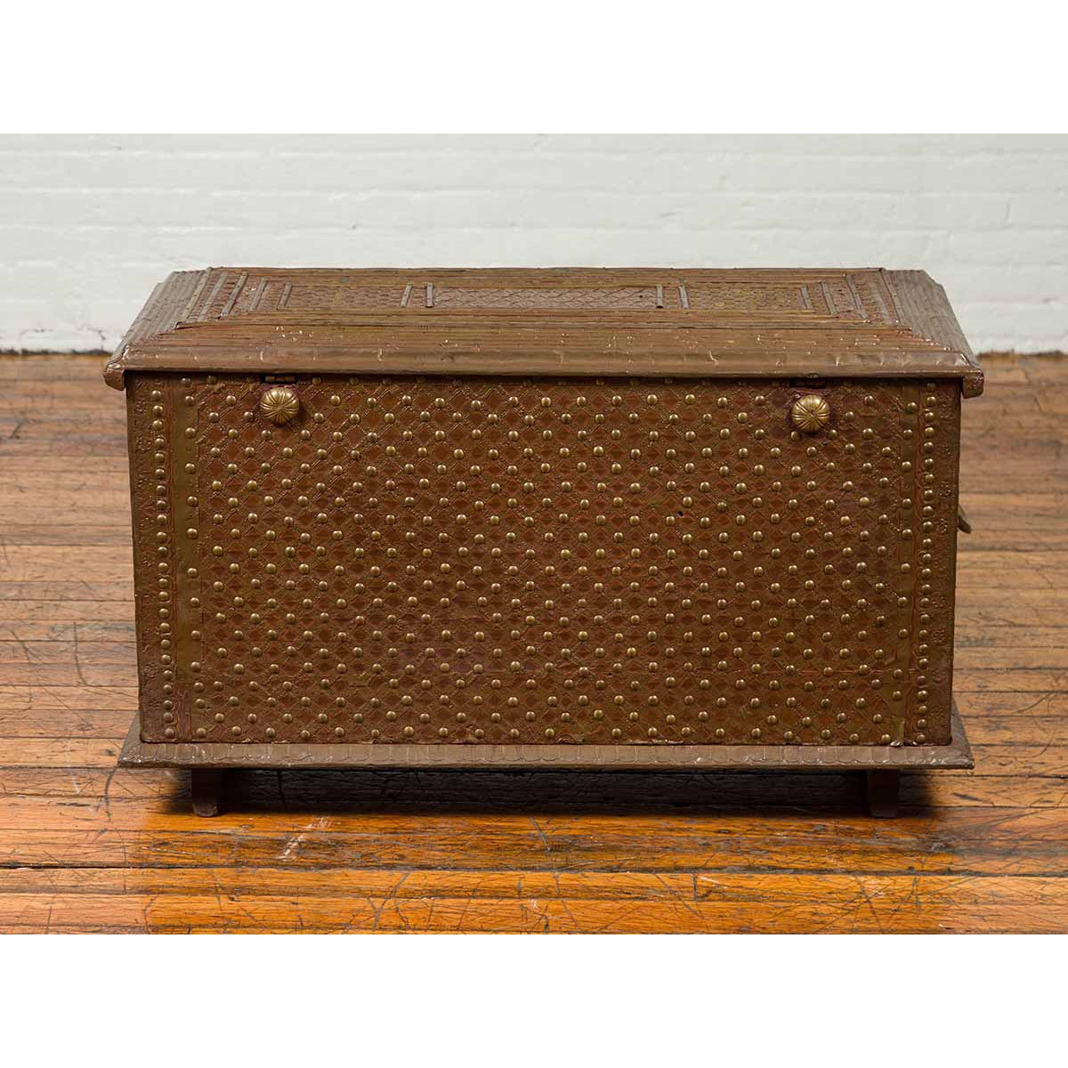 Antique Indian Blanket Chest with Bronze Sheathing, Geometric Patterns and Studs-12. Asian & Chinese Furniture, Art, Antiques, Vintage Home Décor for sale at FEA Home