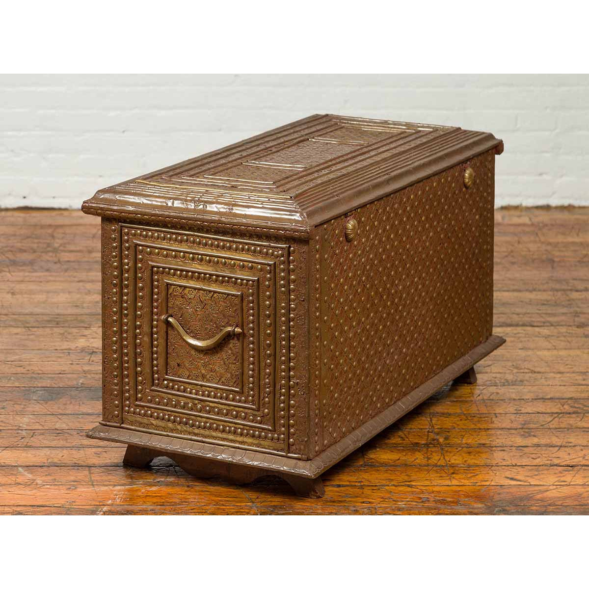 Antique Indian Blanket Chest with Bronze Sheathing, Geometric Patterns and Studs-4. Asian & Chinese Furniture, Art, Antiques, Vintage Home Décor for sale at FEA Home