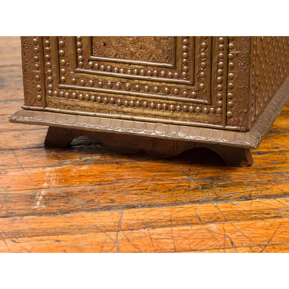 Antique Indian Blanket Chest with Bronze Sheathing, Geometric Patterns and Studs-7. Asian & Chinese Furniture, Art, Antiques, Vintage Home Décor for sale at FEA Home