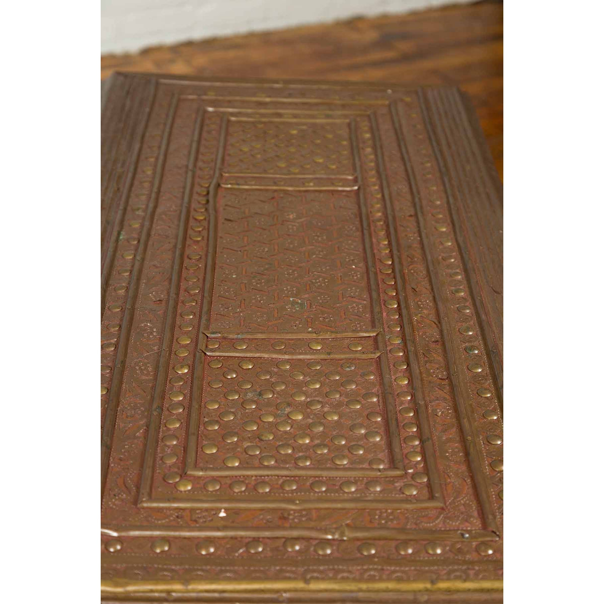 Antique Indian Blanket Chest with Bronze Sheathing, Geometric Patterns and Studs-8. Asian & Chinese Furniture, Art, Antiques, Vintage Home Décor for sale at FEA Home