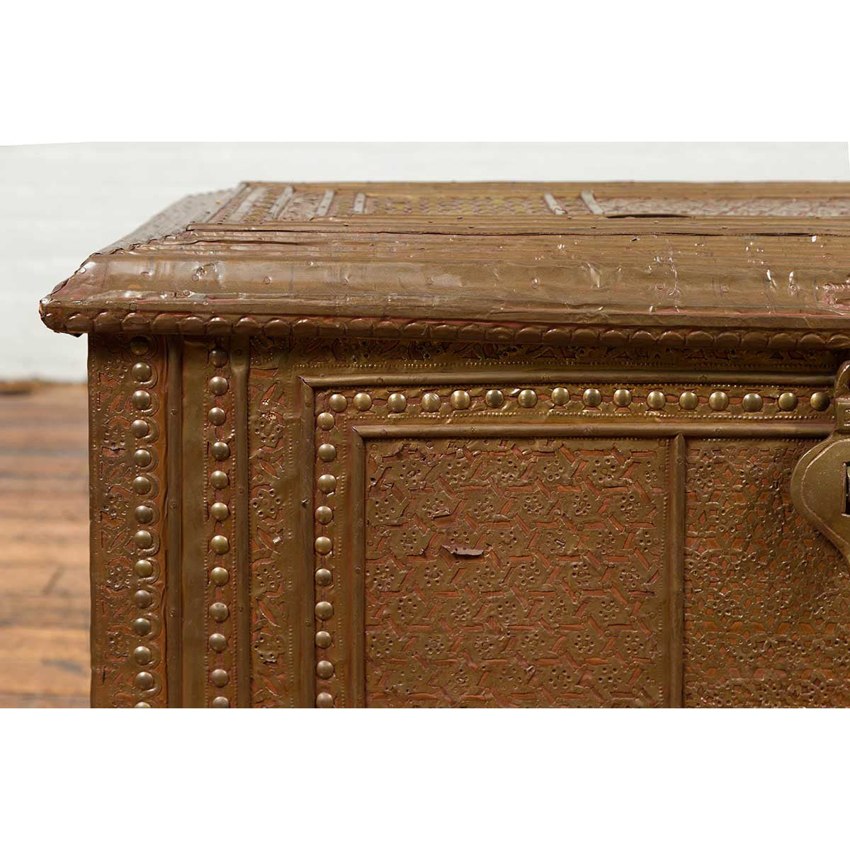 Antique Indian Blanket Chest with Bronze Sheathing, Geometric Patterns and Studs-9. Asian & Chinese Furniture, Art, Antiques, Vintage Home Décor for sale at FEA Home