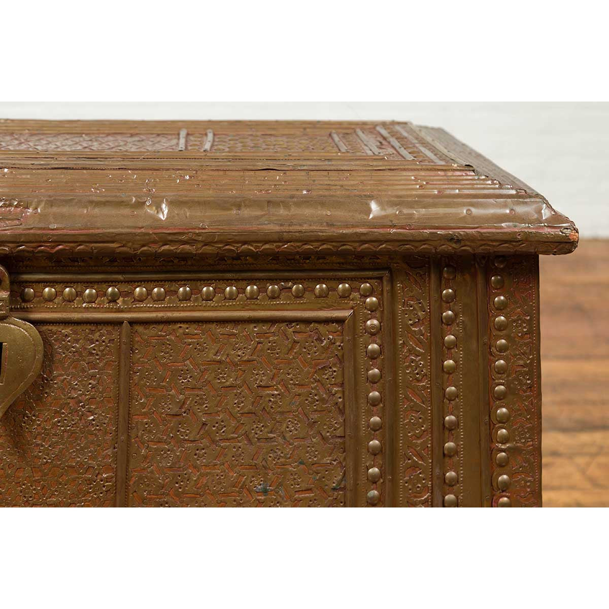 Antique Indian Blanket Chest with Bronze Sheathing, Geometric Patterns and Studs-10. Asian & Chinese Furniture, Art, Antiques, Vintage Home Décor for sale at FEA Home
