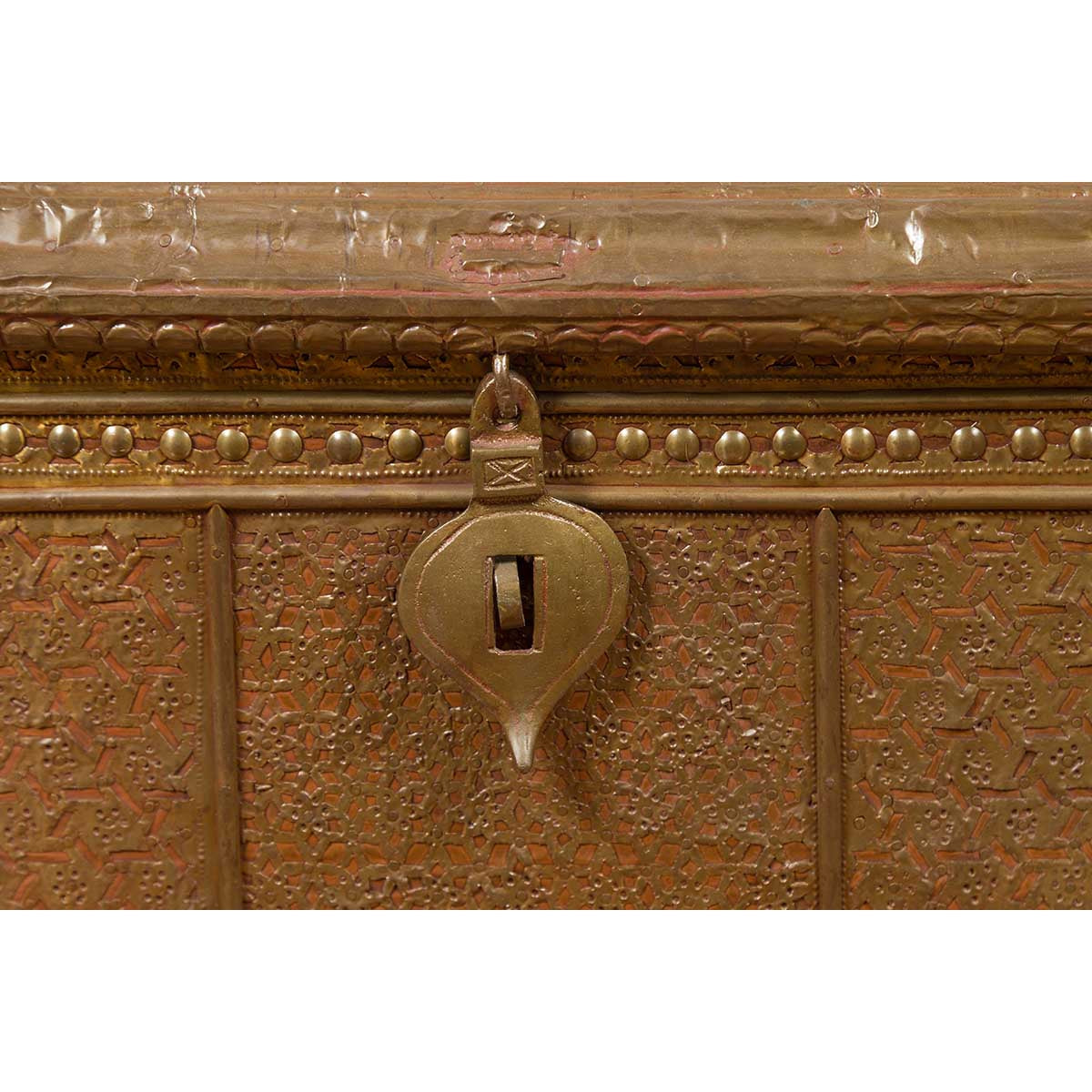 Antique Indian Blanket Chest with Bronze Sheathing, Geometric Patterns and Studs-11. Asian & Chinese Furniture, Art, Antiques, Vintage Home Décor for sale at FEA Home