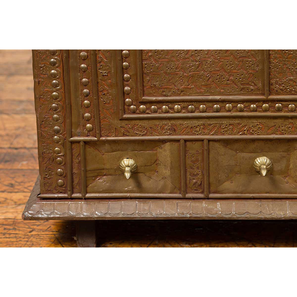 Antique Indian Blanket Chest with Bronze Sheathing, Geometric Patterns and Studs-13. Asian & Chinese Furniture, Art, Antiques, Vintage Home Décor for sale at FEA Home