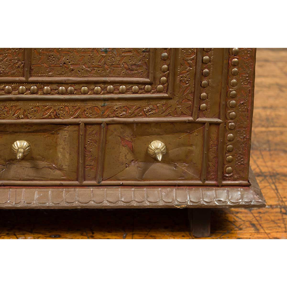 Antique Indian Blanket Chest with Bronze Sheathing, Geometric Patterns and Studs-14. Asian & Chinese Furniture, Art, Antiques, Vintage Home Décor for sale at FEA Home