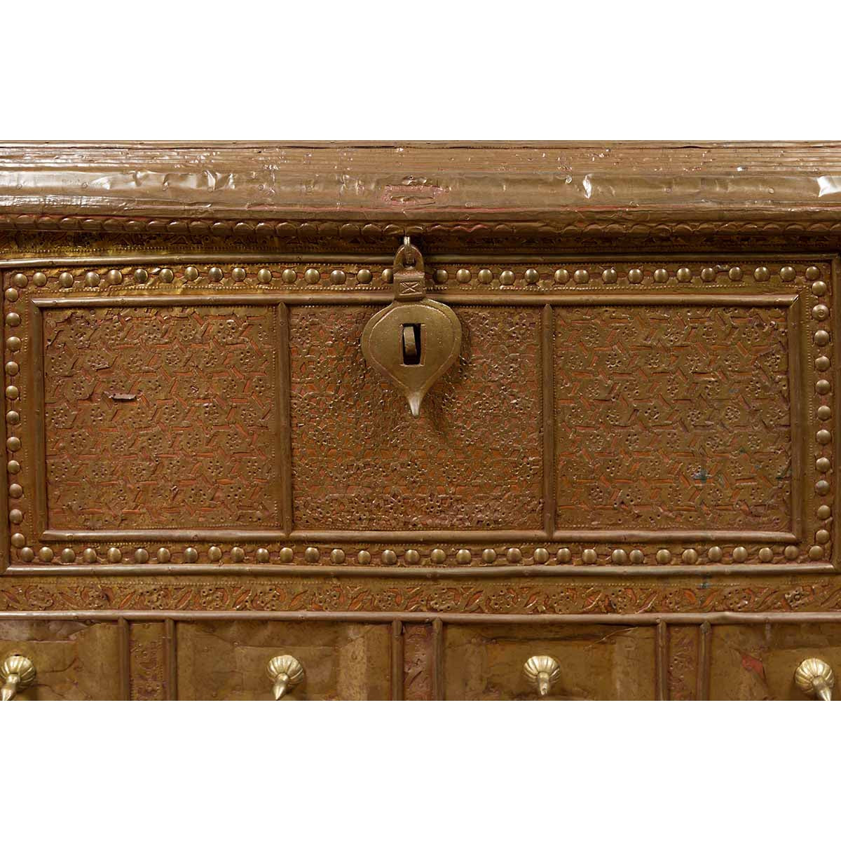 Antique Indian Blanket Chest with Bronze Sheathing, Geometric Patterns and Studs-15. Asian & Chinese Furniture, Art, Antiques, Vintage Home Décor for sale at FEA Home