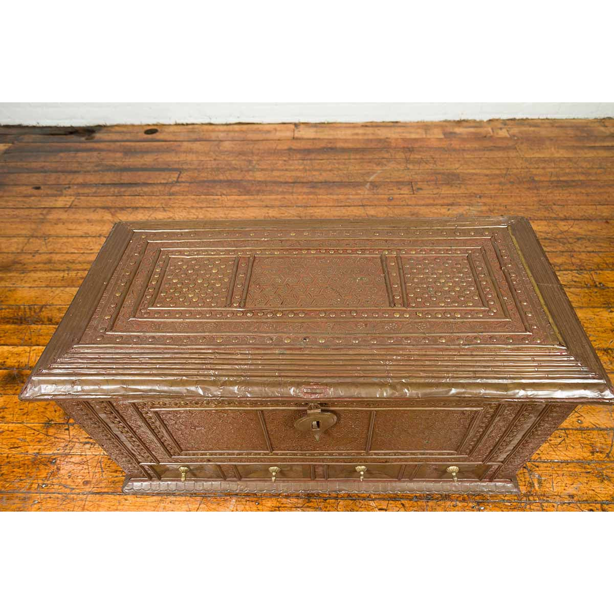 Antique Indian Blanket Chest with Bronze Sheathing, Geometric Patterns and Studs-16. Asian & Chinese Furniture, Art, Antiques, Vintage Home Décor for sale at FEA Home