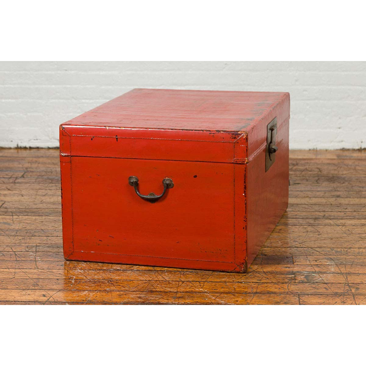 Vintage Chinese Distressed Red Lacquered Blanket Chest with Bronze Hardware-5. Asian & Chinese Furniture, Art, Antiques, Vintage Home Décor for sale at FEA Home