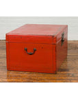 Vintage Chinese Distressed Red Lacquered Blanket Chest with Bronze Hardware-5. Asian & Chinese Furniture, Art, Antiques, Vintage Home Décor for sale at FEA Home