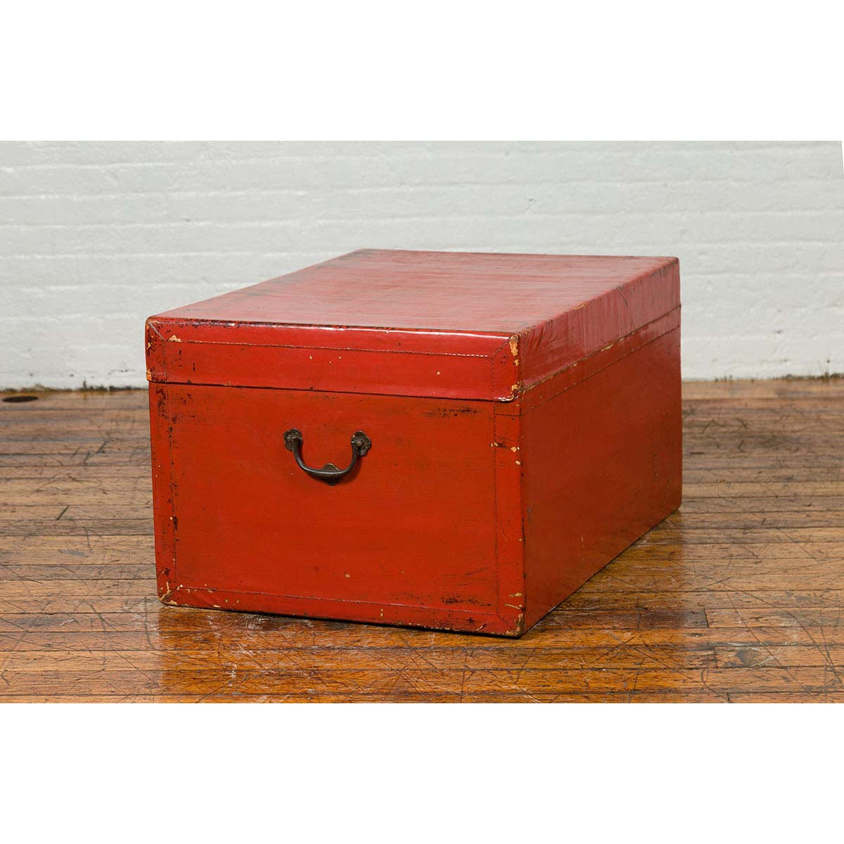 Vintage Chinese Distressed Red Lacquered Blanket Chest with Bronze Hardware-6. Asian & Chinese Furniture, Art, Antiques, Vintage Home Décor for sale at FEA Home
