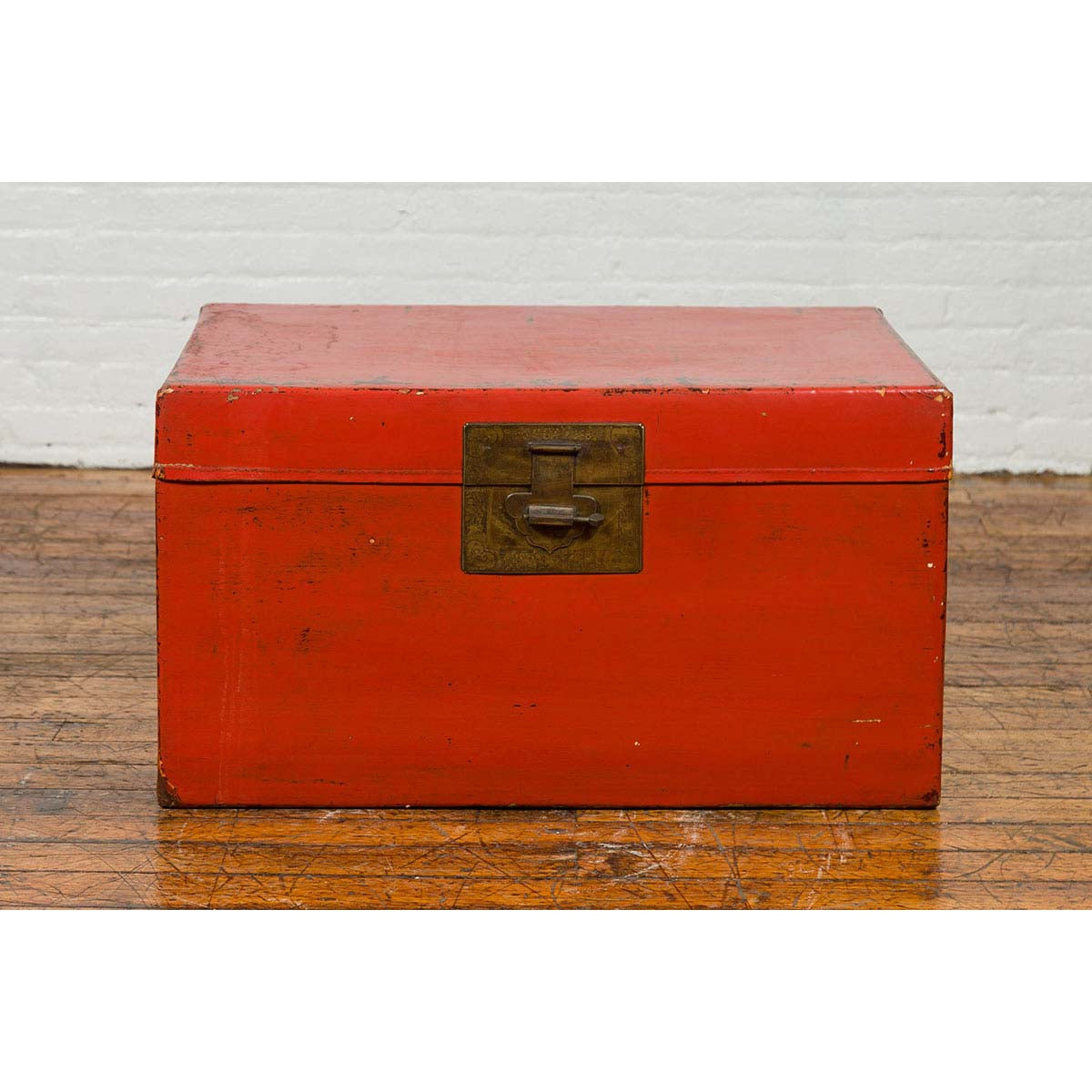 Vintage Chinese Distressed Red Lacquered Blanket Chest with Bronze Hardware-3. Asian & Chinese Furniture, Art, Antiques, Vintage Home Décor for sale at FEA Home