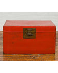 Vintage Chinese Distressed Red Lacquered Blanket Chest with Bronze Hardware-3. Asian & Chinese Furniture, Art, Antiques, Vintage Home Décor for sale at FEA Home
