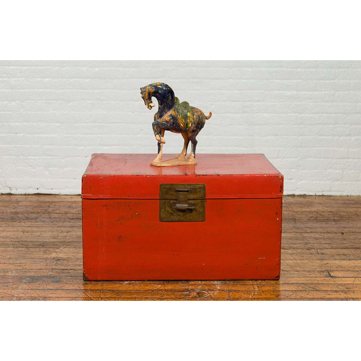 Vintage Chinese Distressed Red Lacquered Blanket Chest with Bronze Hardware-4. Asian & Chinese Furniture, Art, Antiques, Vintage Home Décor for sale at FEA Home