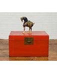 Vintage Chinese Distressed Red Lacquered Blanket Chest with Bronze Hardware-4. Asian & Chinese Furniture, Art, Antiques, Vintage Home Décor for sale at FEA Home