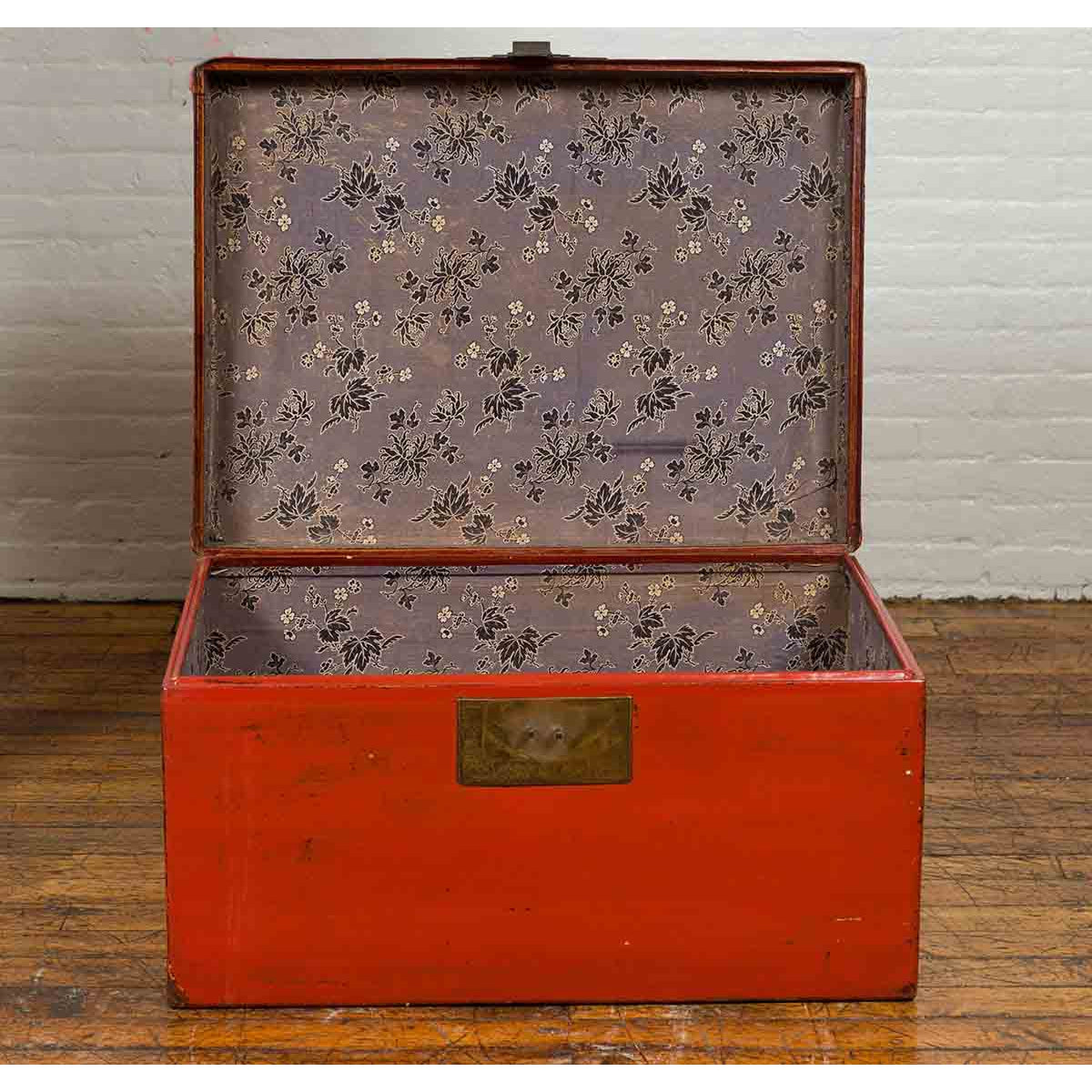 Vintage Chinese Distressed Red Lacquered Blanket Chest with Bronze Hardware-9. Asian & Chinese Furniture, Art, Antiques, Vintage Home Décor for sale at FEA Home