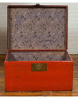 Vintage Chinese Distressed Red Lacquered Blanket Chest with Bronze Hardware-9. Asian & Chinese Furniture, Art, Antiques, Vintage Home Décor for sale at FEA Home