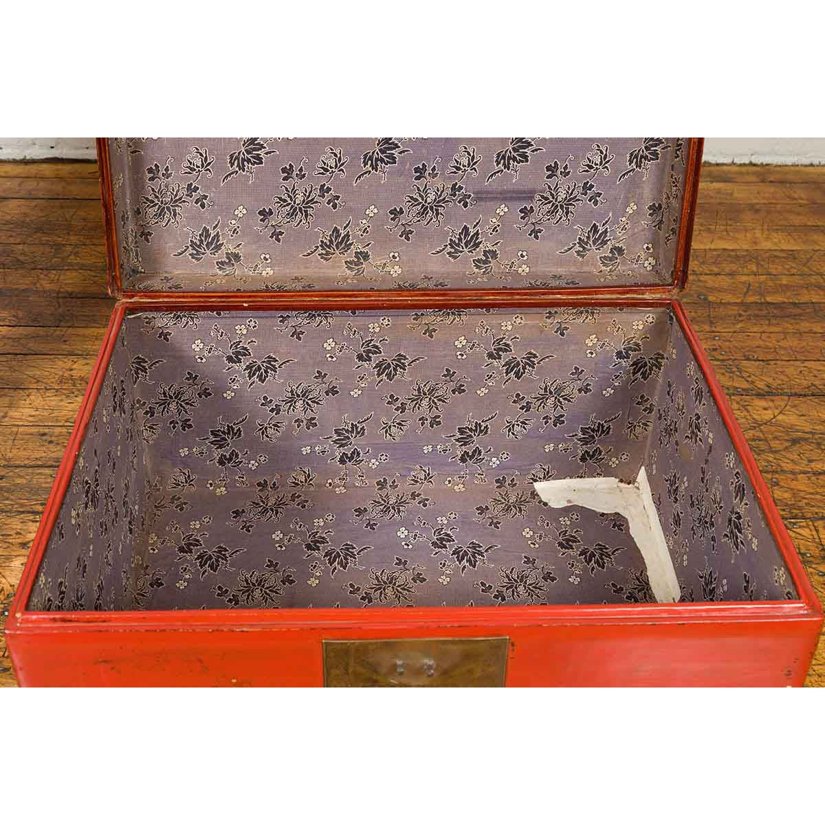 Vintage Chinese Distressed Red Lacquered Blanket Chest with Bronze Hardware-10. Asian & Chinese Furniture, Art, Antiques, Vintage Home Décor for sale at FEA Home