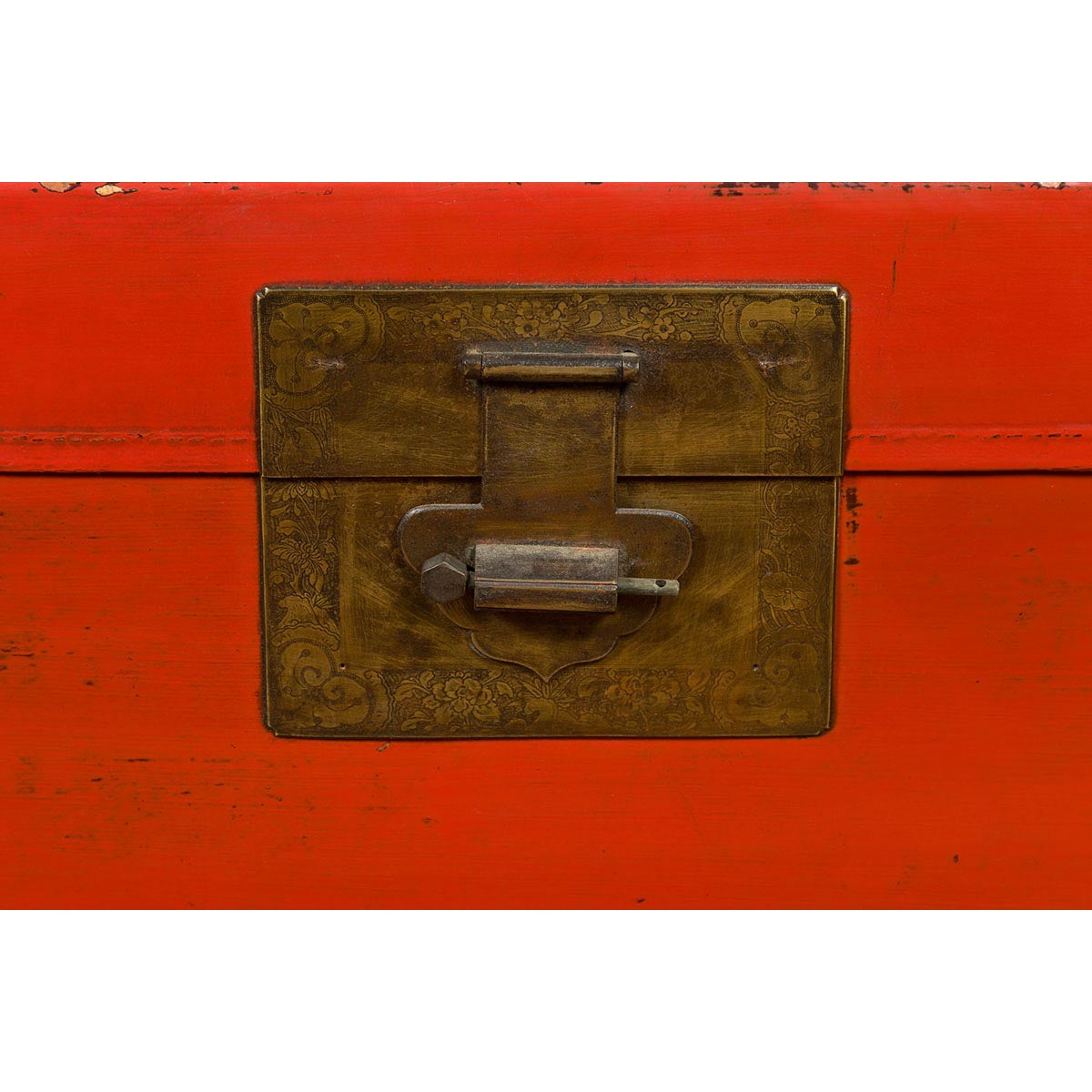 Vintage Chinese Distressed Red Lacquered Blanket Chest with Bronze Hardware-11. Asian & Chinese Furniture, Art, Antiques, Vintage Home Décor for sale at FEA Home